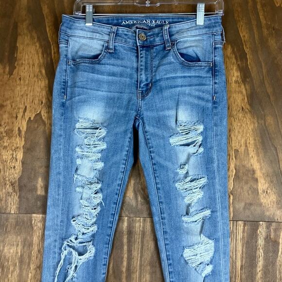 American Eagle Womens Jeans Blue Denim Mid Rise Jegging Distressed Stretch 6 - Picture 2 of 12